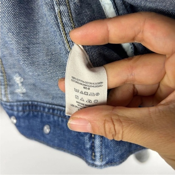 Free People Distressed Blue Denim Jacket with Sweatshirt Sleeves Rare - Picture 10 of 11